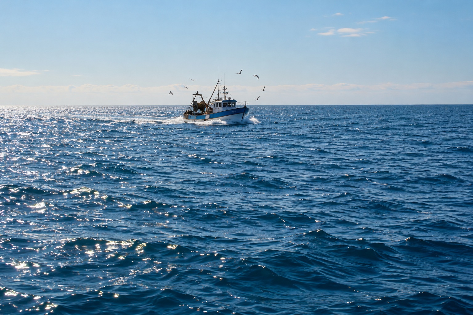 Petit bateau de pêche au large, mer bleue scintillante et mouettes, visuel généré par IA