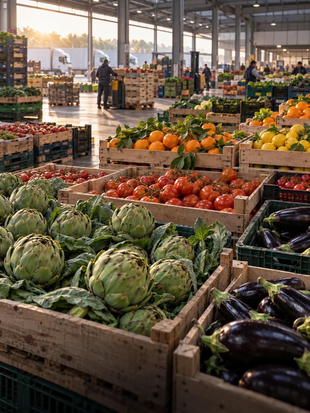 Caisses de fruits et légumes dans un marché de gros, visuel généré par IA